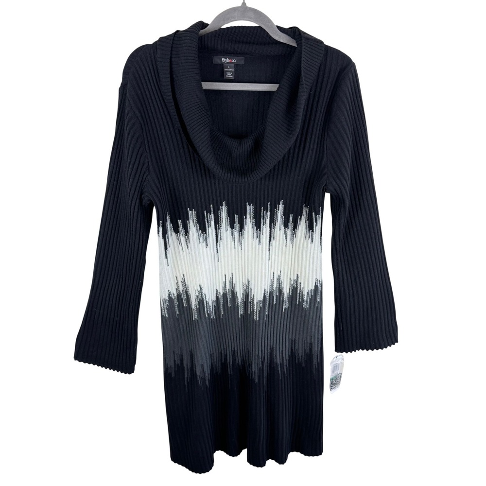 Style & Co NWT Womens Cowl Neck Ribbed Sweater Dress Black Gray White Intarsia L